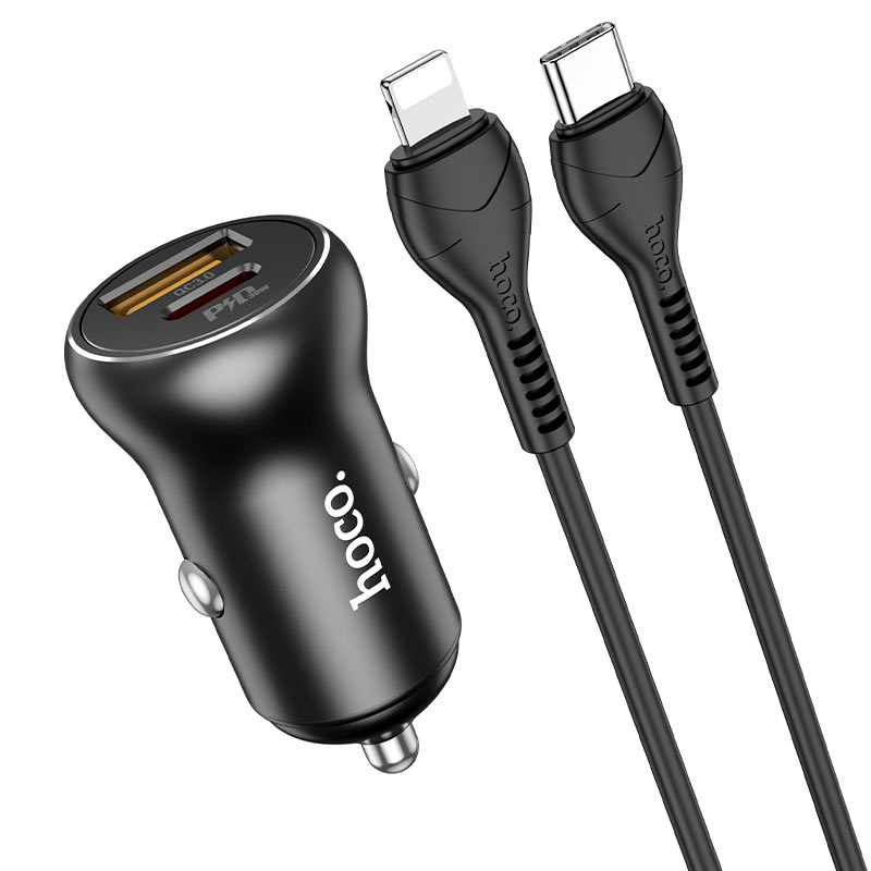 Cargador de automóvil NZ5 Smooth road, tipo C de 30 W y USB de 30 W, salida total de 5 V/5 A, compatible con protocolos de carga rápida, configurado con cable de 1 m para tipo C a Lightning o tipo C a tipo C.