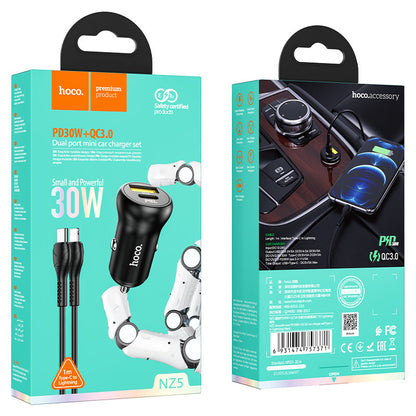 Cargador de automóvil NZ5 Smooth road, tipo C de 30 W y USB de 30 W, salida total de 5 V/5 A, compatible con protocolos de carga rápida, configurado con cable de 1 m para tipo C a Lightning o tipo C a tipo C.