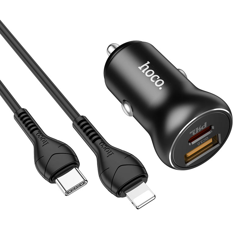 Cargador de automóvil NZ5 Smooth road, tipo C de 30 W y USB de 30 W, salida total de 5 V/5 A, compatible con protocolos de carga rápida, configurado con cable de 1 m para tipo C a Lightning o tipo C a tipo C.
